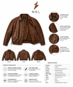 Custom brown leather bomber jacket with ribbed shoulder panels and metal studs