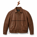Custom brown leather bomber jacket with flap pockets and snap button closure
