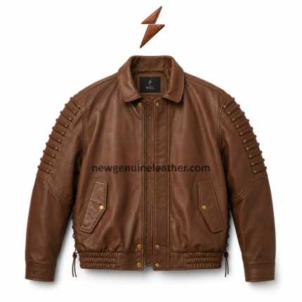 Custom brown leather bomber jacket with flap pockets and snap button closure