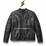 Tan custom leather biker jacket with camel leather tone, band collar, front zipper closure, and ribbed sleeve stitching