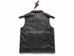 Custom leather vest manufacturer product image showing black leather vest with asymmetric zipper, diagonal chest pocket, and front flap pocket