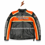 Custom motorcycle leather jacket with black body, orange panels, cream piping, and front zipper