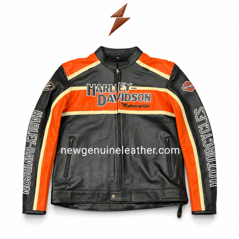 Custom motorcycle leather jacket with black body, orange panels, cream piping, and front zipper