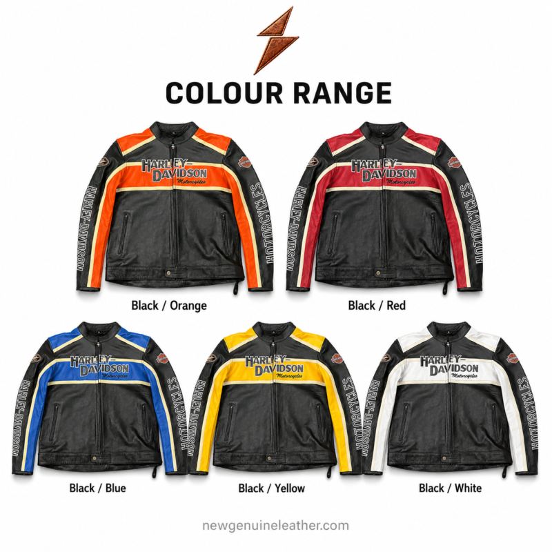 Custom motorcycle leather jacket with stand racing collar, sleeve graphics, and zipper hand pockets