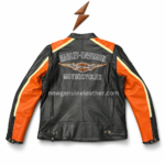 Custom motorcycle leather jacket with black orange color blocking and cream contrast stripe details