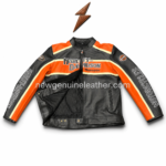 Custom motorcycle leather jacket color range with black orange, red, blue, yellow, and white options