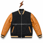 Custom varsity jacket with black body, tan patterned sleeves, striped rib collar, front zipper, and NGL
