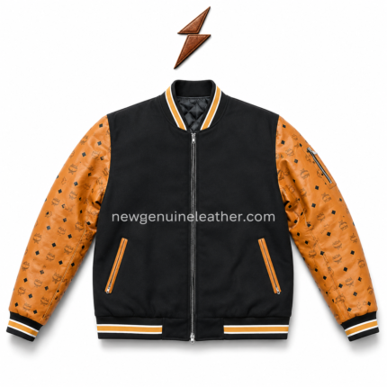 Custom varsity jacket with black body, tan patterned sleeves, striped rib collar, front zipper, and NGL