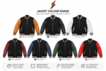 Custom varsity jacket back view with plain black body, tan printed sleeves, striped rib hem, and clean wholesale-ready shape