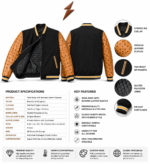 Custom varsity jacket product specs layout with black body, cognac sleeves, rib collar, zip pockets, and quilted lining close-up