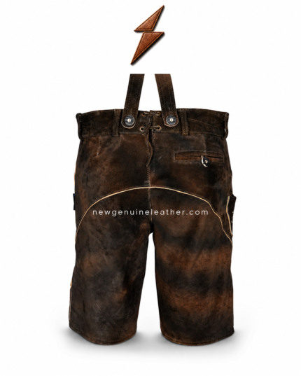 Embroidered leather lederhosen in dark brown suede with white floral embroidery, suspenders, NGL