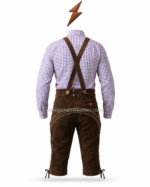 Dark brown Bavarian lederhosen outfit with crossed suspenders and rear lace adjustment