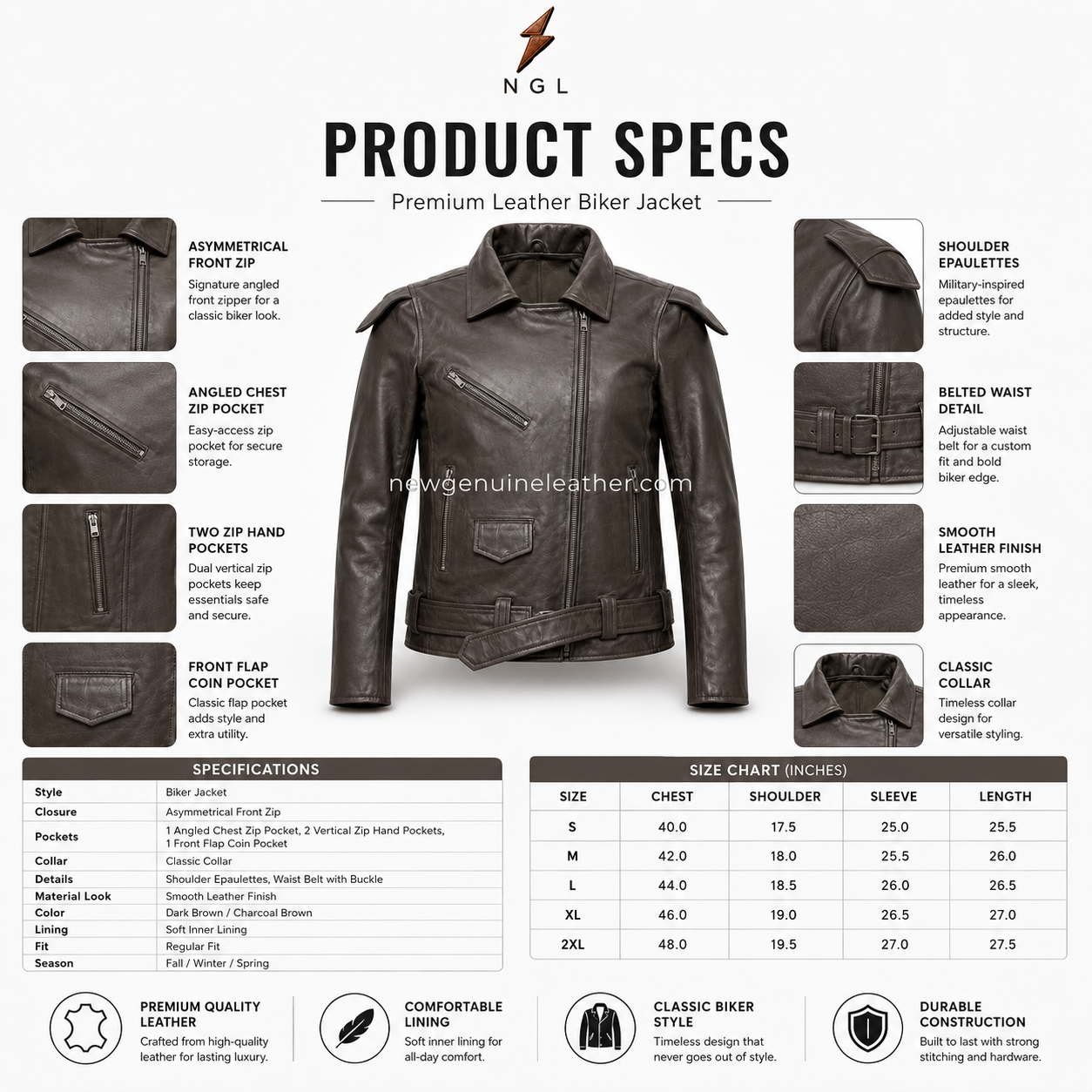 Dark Brown Belted Leather Biker Jacket Wholesale Black belted leather biker jacket wholesale with angled chest zip and waist belt detail