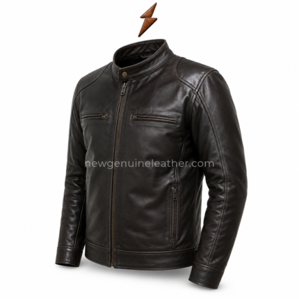 Dark brown biker leather jacket with stand collar and front zipper on white background