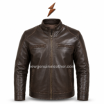 Dark brown biker leather jacket with chest zipper pockets and glossy leather texture