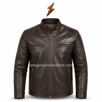Dark brown biker leather jacket with chest zipper pockets and glossy leather texture