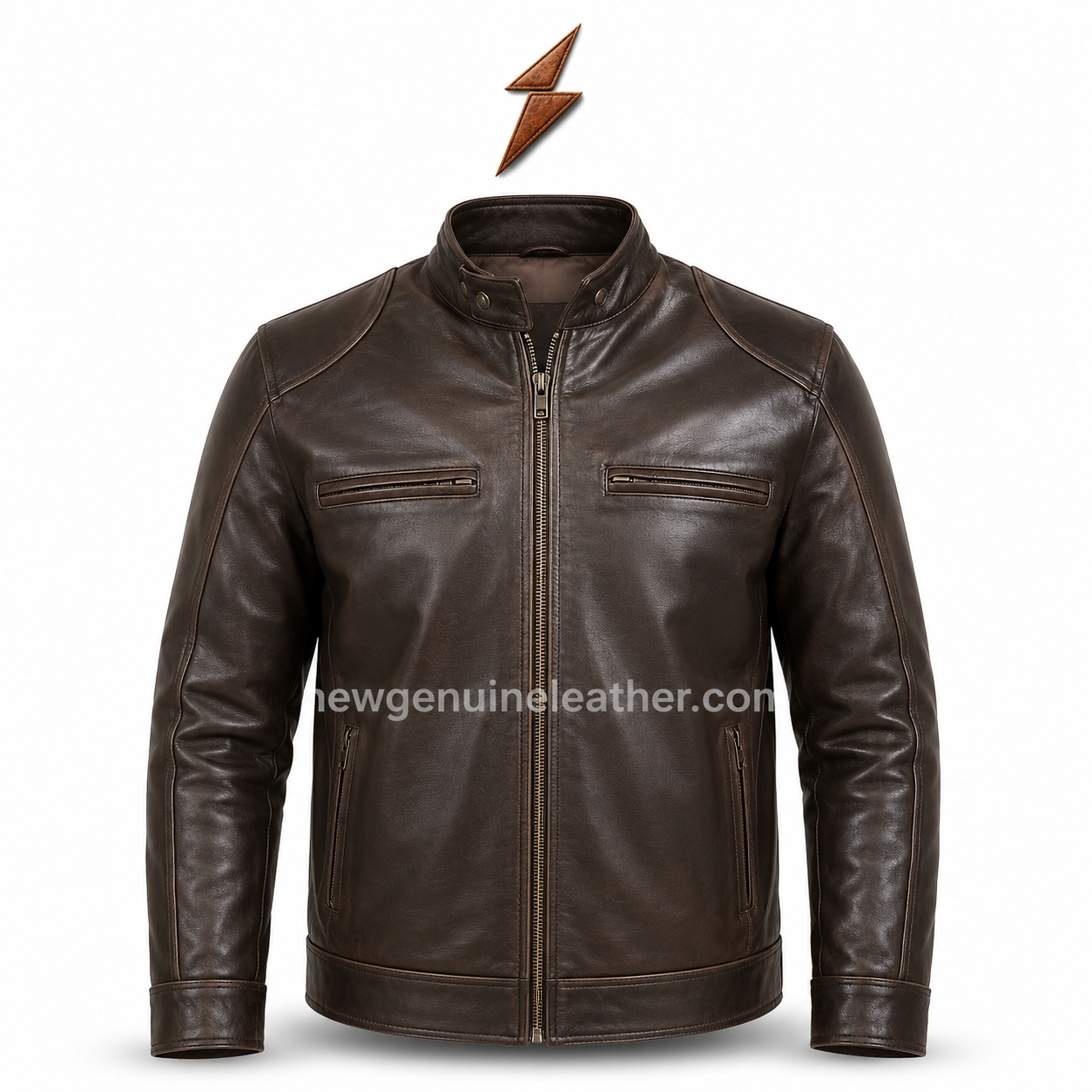 Dark Brown Biker Leather Jacket Front View Dark brown biker leather jacket with chest zipper pockets and glossy leather texture