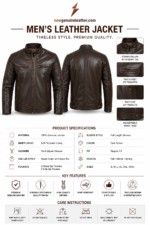 Dark brown biker leather jacket back view with vertical panel stitching and adjustable waist tabs