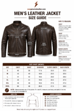 Dark brown biker leather jacket product specifications image with stand collar side pockets and waist tabs