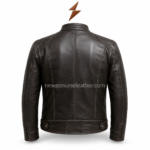 Dark brown biker leather jacket size guide with chest waist shoulder sleeve and back length measurements