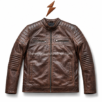 OEM brown quilted leather biker jacket displayed on a clean white background with zipper pockets, stand collar, and inner lining detail.