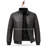 Dark brown leather bomber jacket with stand collar, front zipper, rib knit cuffs, rib knit hem, and NGL