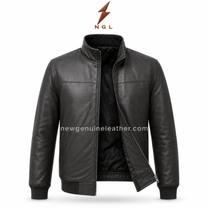 Dark brown leather bomber jacket with stand collar, front zipper, rib knit cuffs, rib knit hem, and NGL