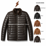Dark brown leather puffer jacket with plush fur collar, horizontal quilted panels, front zipper and NGL