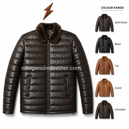 Dark brown leather puffer jacket with plush fur collar, horizontal quilted panels, front zipper and NGL