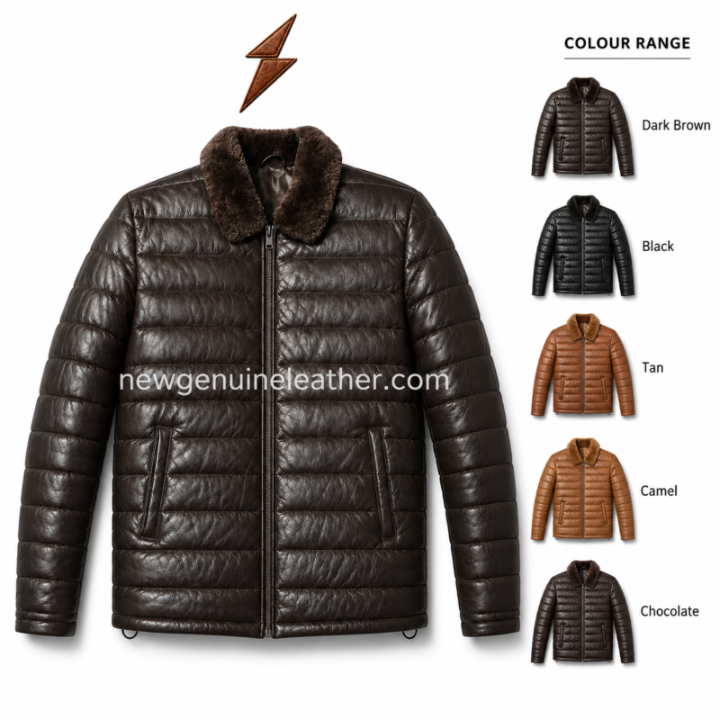 Dark brown leather puffer jacket with plush fur collar, horizontal quilted panels, front zipper and NGL