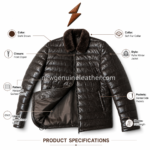 Dark brown leather puffer jacket front view with full sleeves, slanted side pockets, fur collar