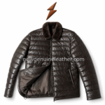 Dark brown leather puffer jacket with horizontal stitching, glossy leather texture, zipper closure and two side pockets