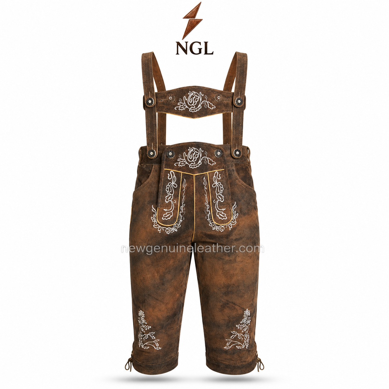 Dark Brown Oktoberfest Lederhosen Set Front View Dark brown Oktoberfest lederhosen set featuring suede texture, embroidered chest strap, front bib panel, lace-up legs, and metal button
