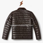 Winter dark brown leather puffer jacket with soft fur collar, padded sleeves and clean white
