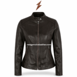 Dark brown stand collar leather jacket wholesale product image showing shoulder panels, zip pockets