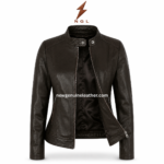 Dark brown stand collar leather jacket wholesale back view with shaped panel seams and clean leather finish