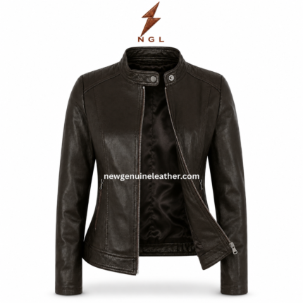 Dark brown stand collar leather jacket wholesale back view with shaped panel seams and clean leather finish