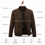 Dark brown suede bomber jacket with rib knit collar, front zipper, side welt pockets, rib cuffs, and NGL