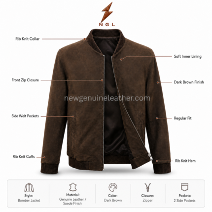 Dark brown suede bomber jacket with rib knit collar, front zipper, side welt pockets, rib cuffs, and NGL