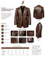 Brown crocodile embossed leather jacket with lapel collar, flap pockets, and chest pocket