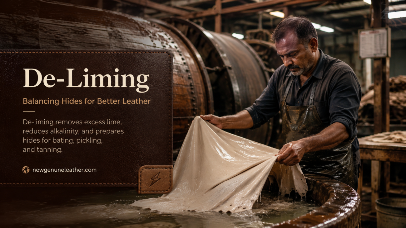 Leather hides being treated during the de-liming process to remove lime and prepare fibers for premium leather tanning at newgenuneleather.com