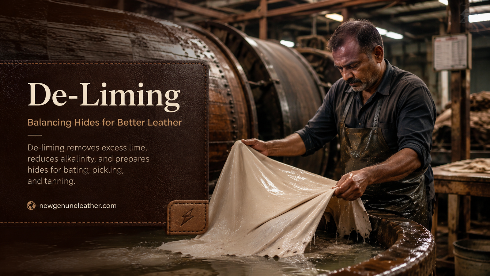Leather hides being treated during the de-liming process to remove lime and prepare fibers for premium leather tanning at newgenuneleather.com