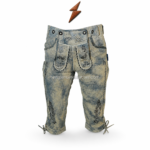Distressed Bavarian leather lederhosen with blue-grey beige finish, embroidered front bib panels, decorative buttons, lace-tie cuffs, and NGL logo at top