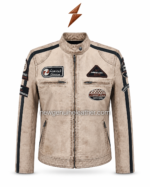 Beige racer jacket featuring embroidered chest patches, black contrast panels, zipper cuffs, and clean e-commerce layout.