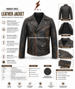 Back view of distressed biker jacket with center back seam, quilted shoulder panels, brown wash effect, zipper cuffs