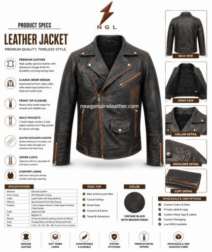 Back view of distressed biker jacket with center back seam, quilted shoulder panels, brown wash effect, zipper cuffs