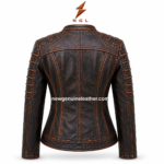 Distressed biker jacket in black and brown leather with padded shoulders, lapel collar, and NGL