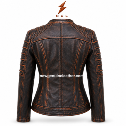 Distressed biker jacket in black and brown leather with padded shoulders, lapel collar, and NGL
