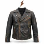 Product specs image of distressed biker jacket showing lapel collar, asymmetrical zip closure, chest zip pocket, quilted shoulders, cuff zippers, and color swatch.