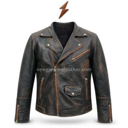 Product specs image of distressed biker jacket showing lapel collar, asymmetrical zip closure, chest zip pocket, quilted shoulders, cuff zippers, and color swatch.